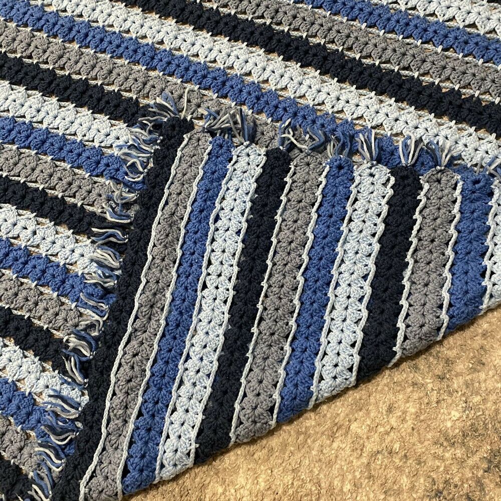 Vintage Handmade Crochet Striped Blue Afghan Throw Blanket With Tassels 72X58 - Picture 4 of 4